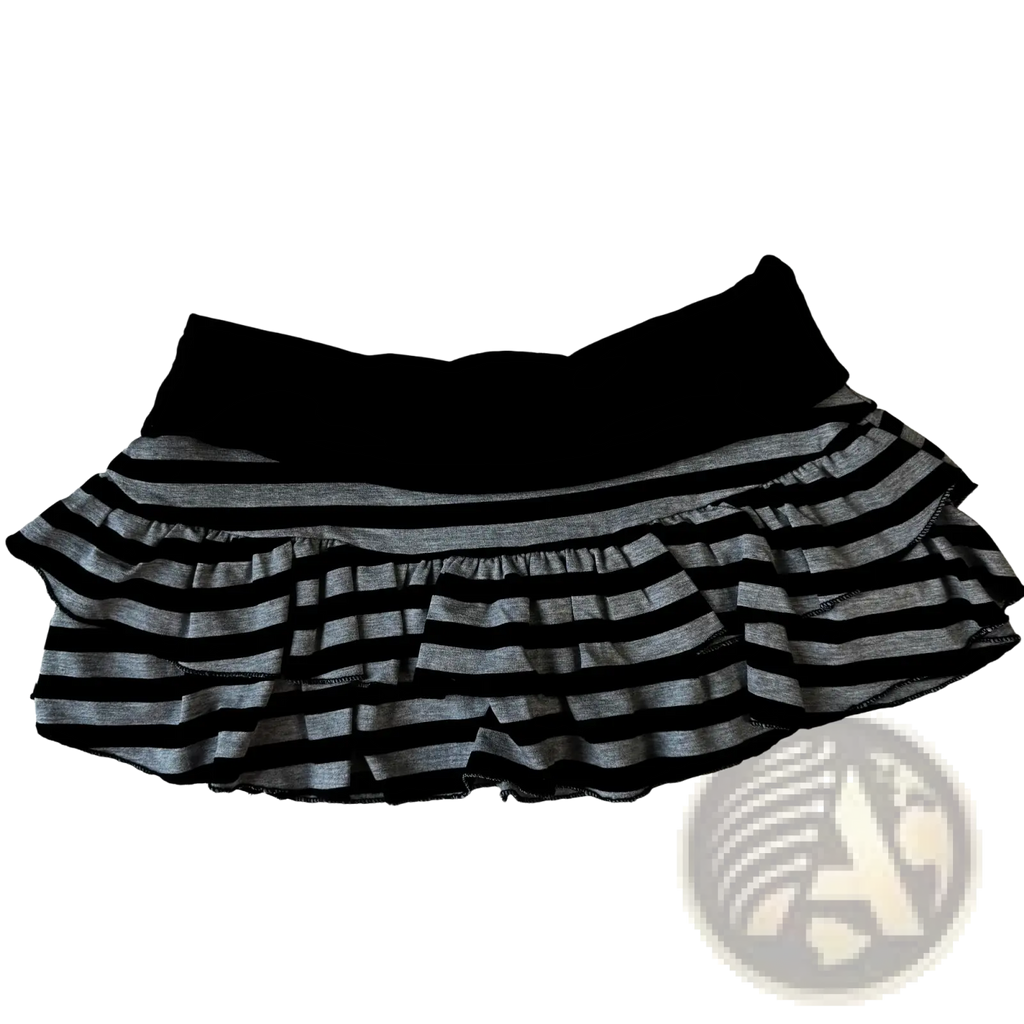 Striped ruffled mini skirt in black and gray with a solid black waistband and layered fabric design