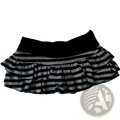 Striped ruffled mini skirt in black and gray with a solid black waistband and layered fabric design