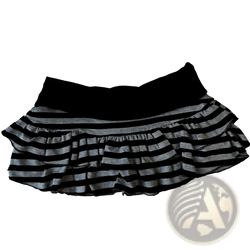 Striped ruffled mini skirt in black and gray with a solid black waistband and layered fabric design