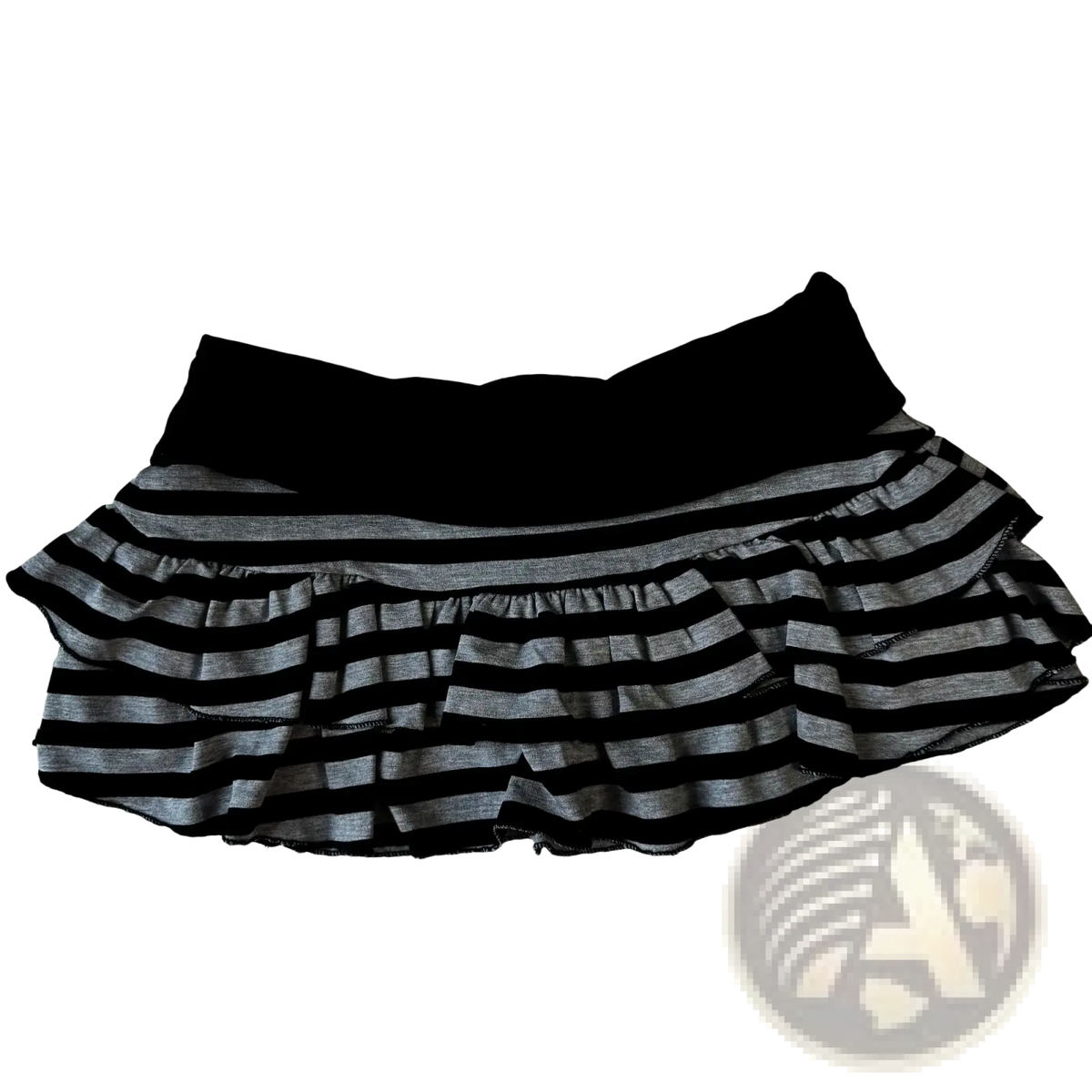 Striped ruffled mini skirt in black and gray with a solid black waistband and layered fabric design