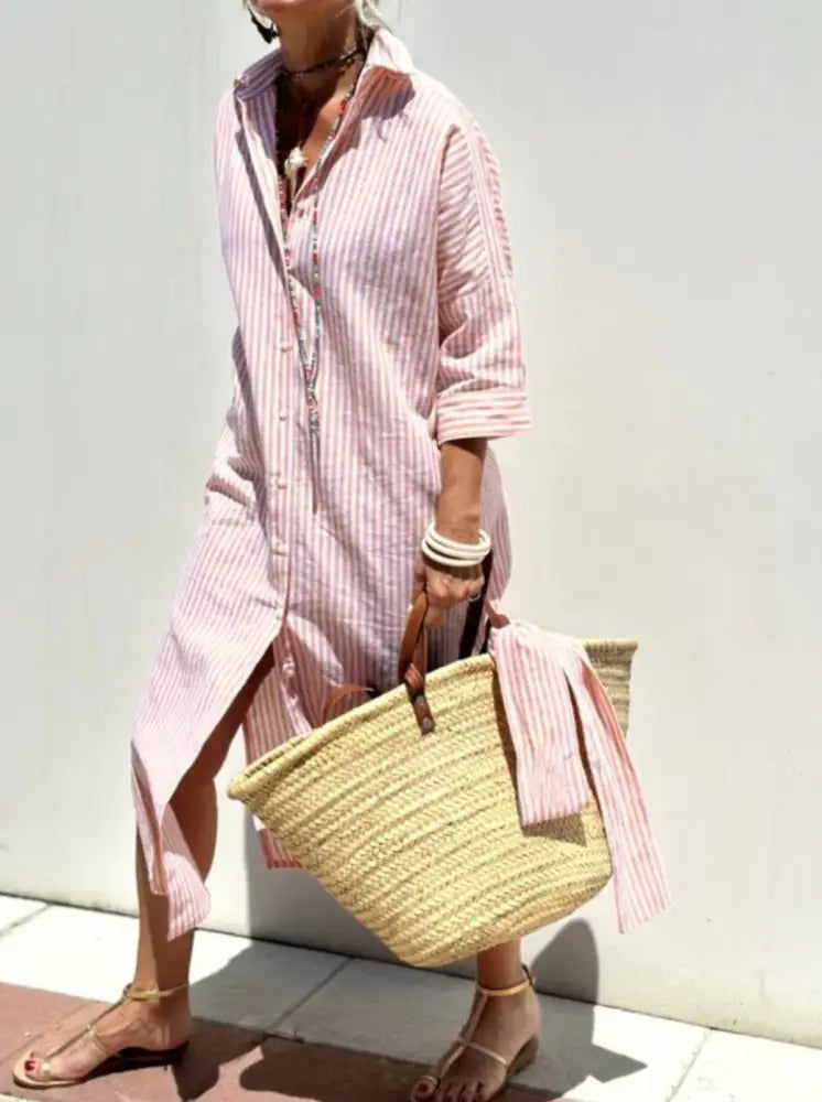 Pink and white striped belted lapel shirt dress in linen with rolled-up sleeves