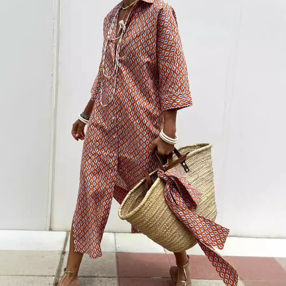 A woven straw tote bag with brown leather handles and a patterned ribbon paired with a striped linen belted lapel shirt dress