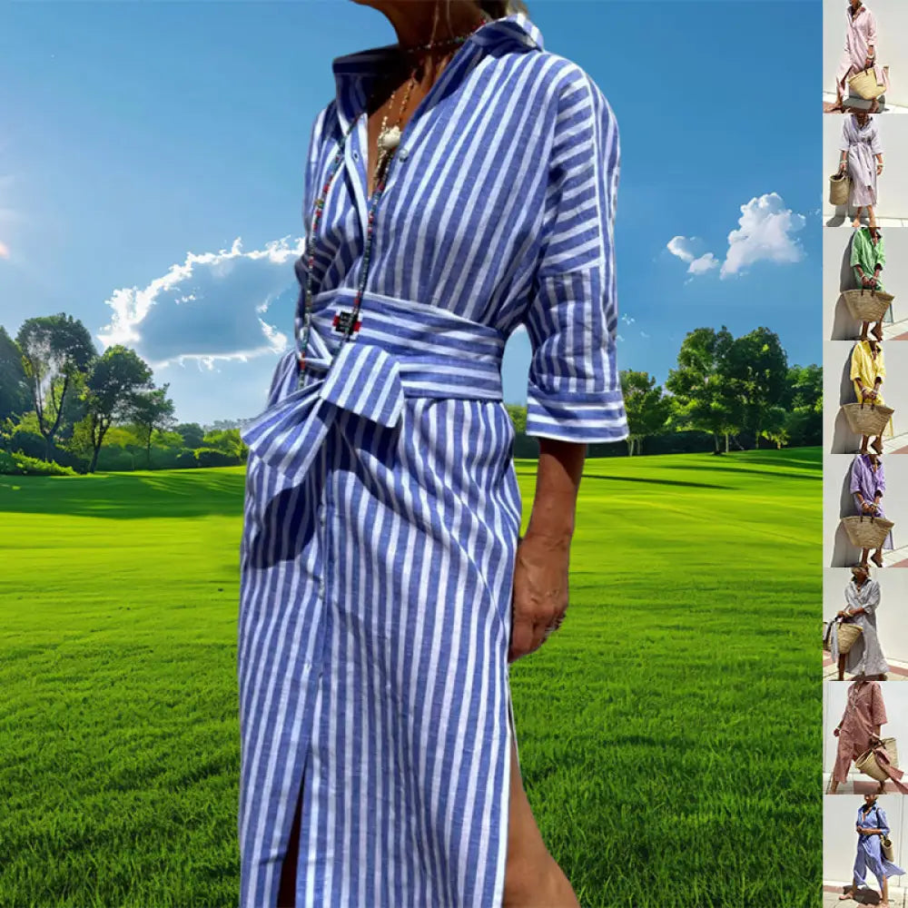 Blue and white vertically striped linen belted lapel shirt dress with collar and button-front closure