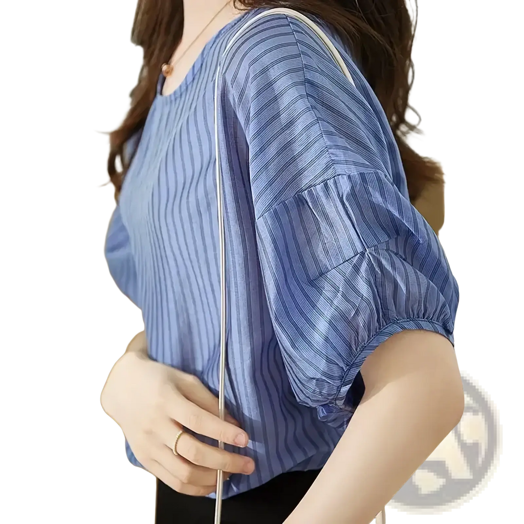 Blue and white vertically striped short sleeve blouse with puffed sleeves and gathered waistline for casual summer wear