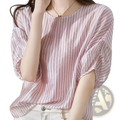 Pink and white vertically striped blouse with loose balloon sleeves casual summer top for everyday wear
