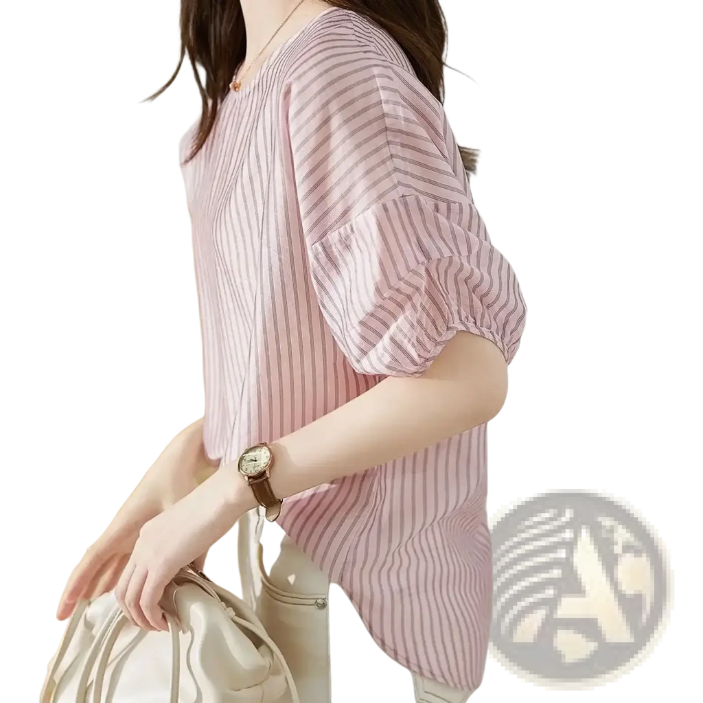 Striped short sleeve blouse casual summer top with pink and white vertical stripes and puffed short sleeves