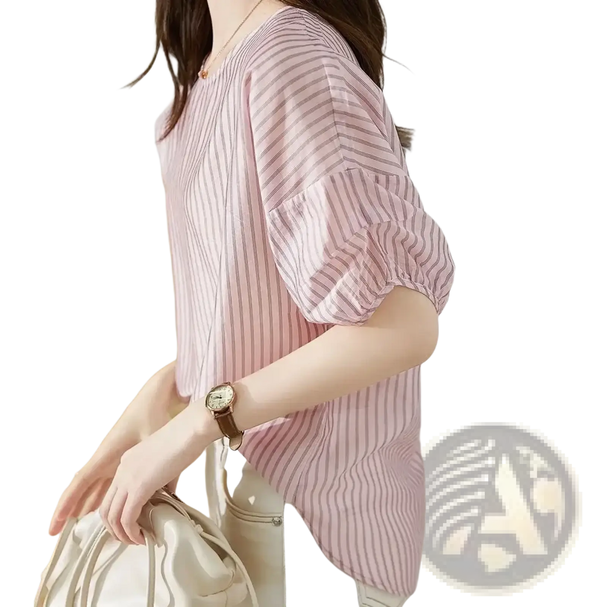 Striped short sleeve blouse casual summer top with pink and white vertical stripes and puffed short sleeves