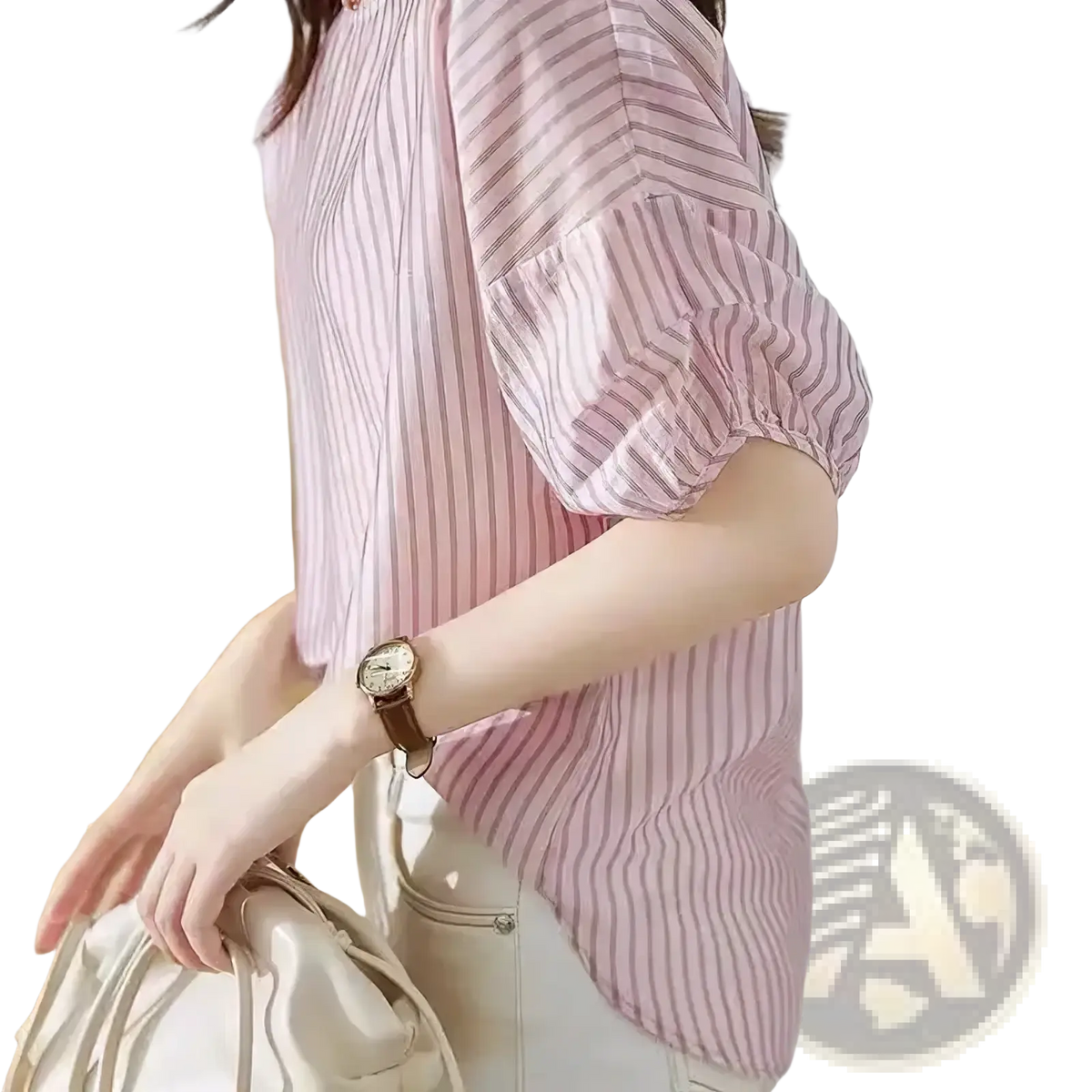 A soft pink and white vertically striped short sleeve blouse with puffed sleeves for casual summer wear