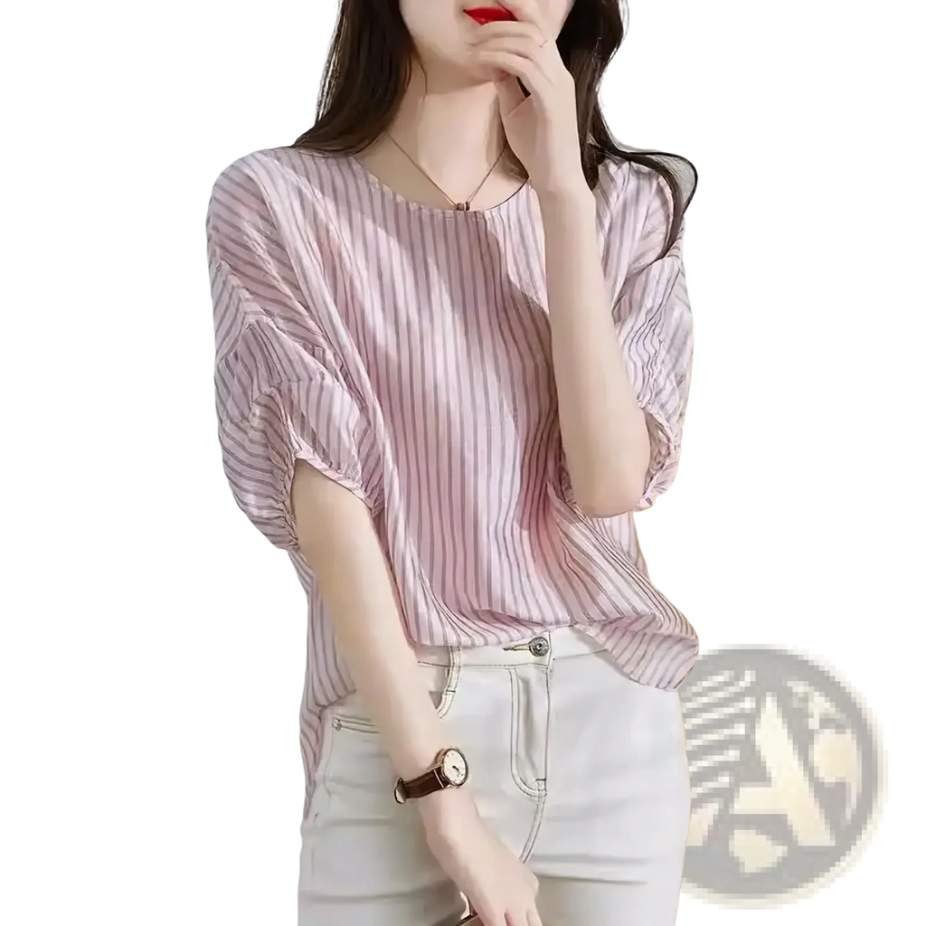 A soft pink and white vertically striped casual summer blouse with relaxed fit and three quarter length sleeves