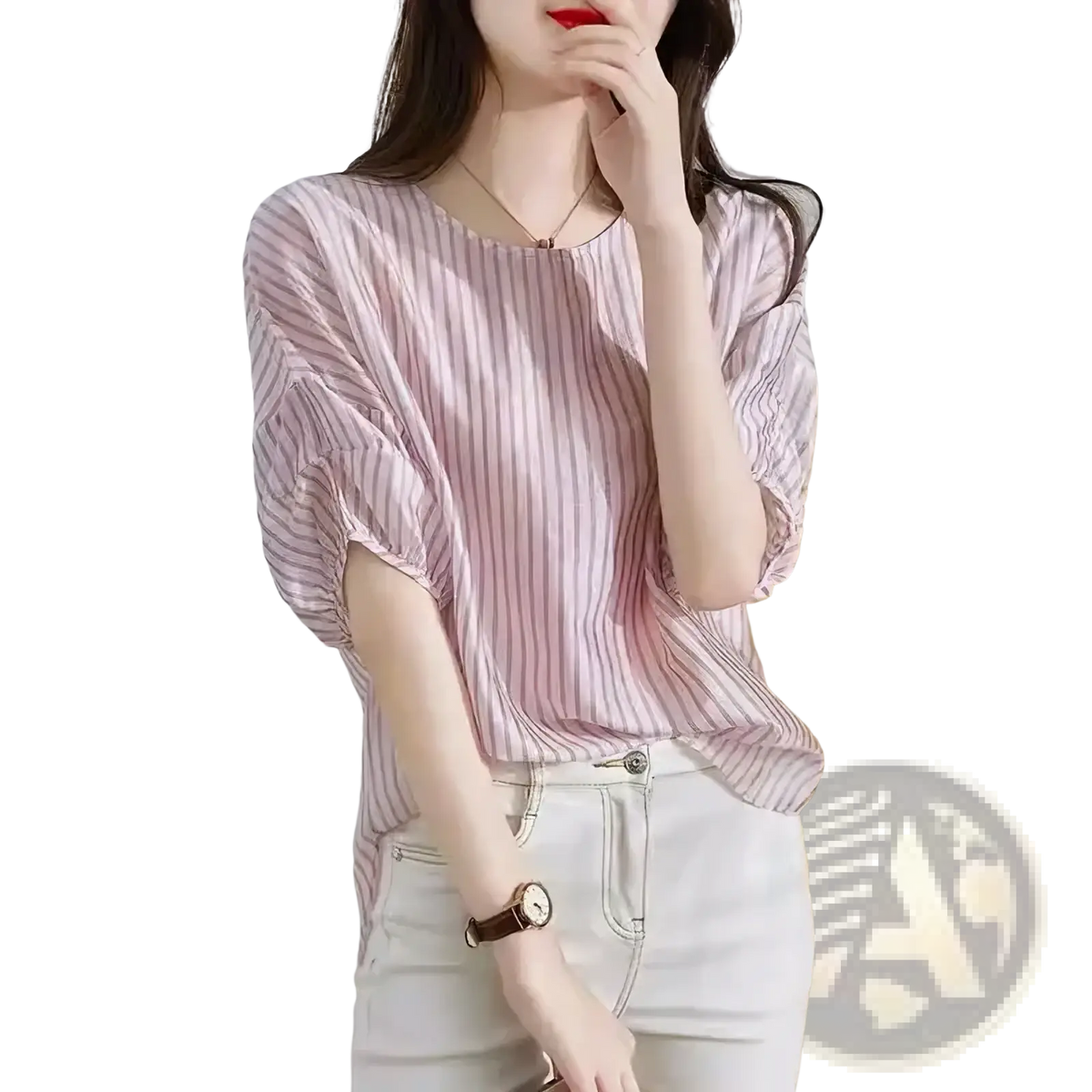 A soft pink and white vertically striped casual summer blouse with relaxed fit and three quarter length sleeves