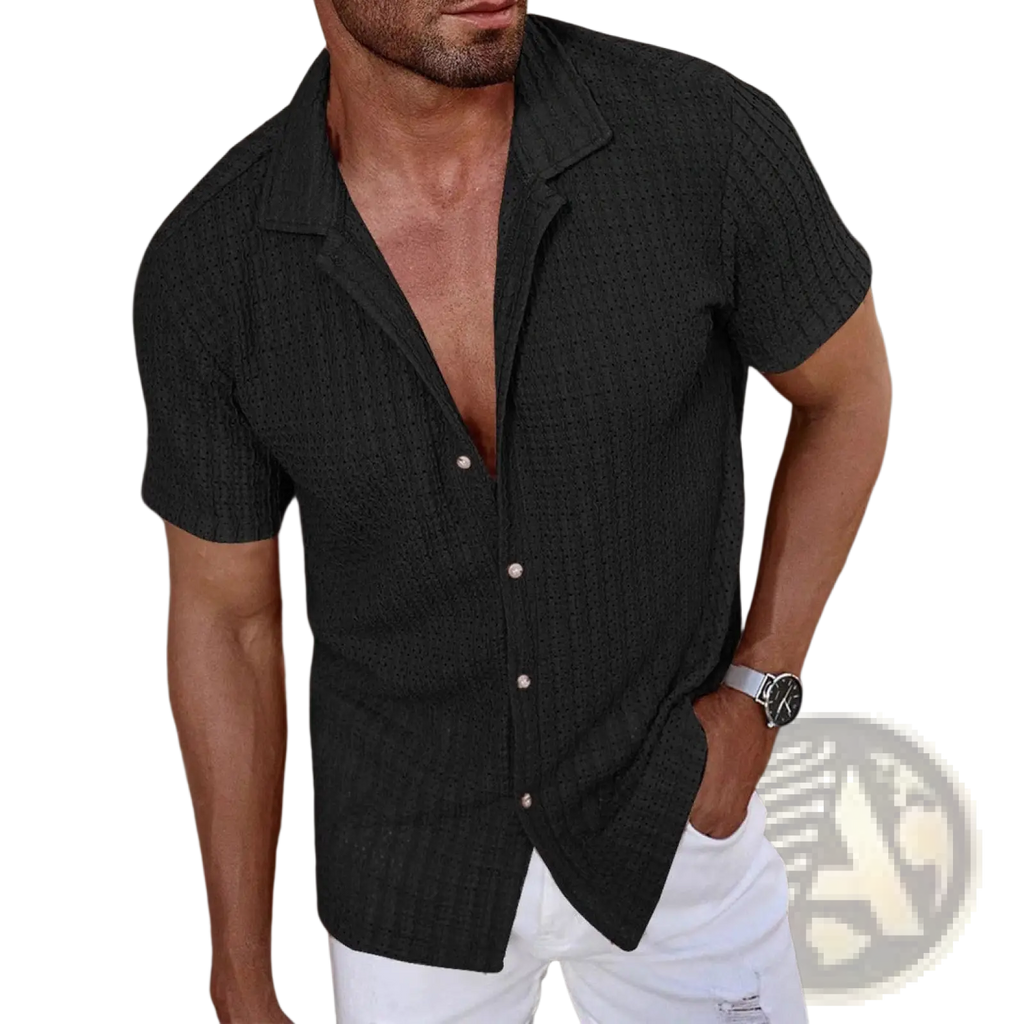 Black short sleeve button up shirt with textured woven fabric and subtle vertical ribbing for casual wear