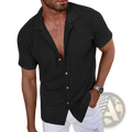 Black short sleeve button up shirt with textured woven fabric and subtle vertical ribbing for casual wear
