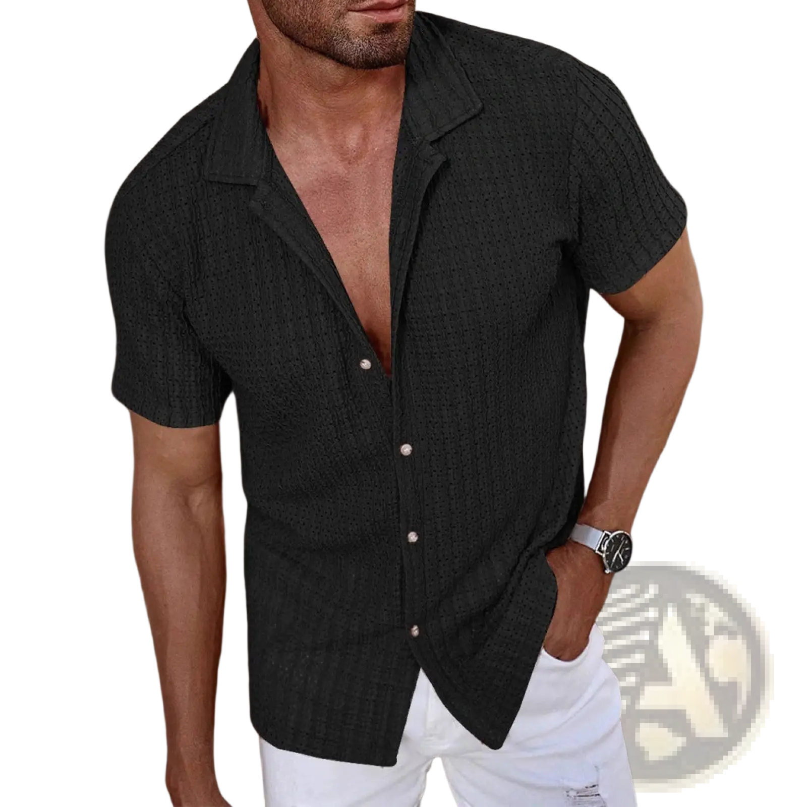 Black short sleeve button up shirt with textured woven fabric and subtle vertical ribbing for casual wear