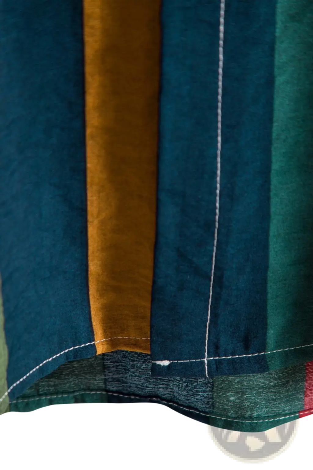 A close-up of a striped short sleeve button up shirt with deep teal mustard yellow and forest green vertical stripes and white stitching