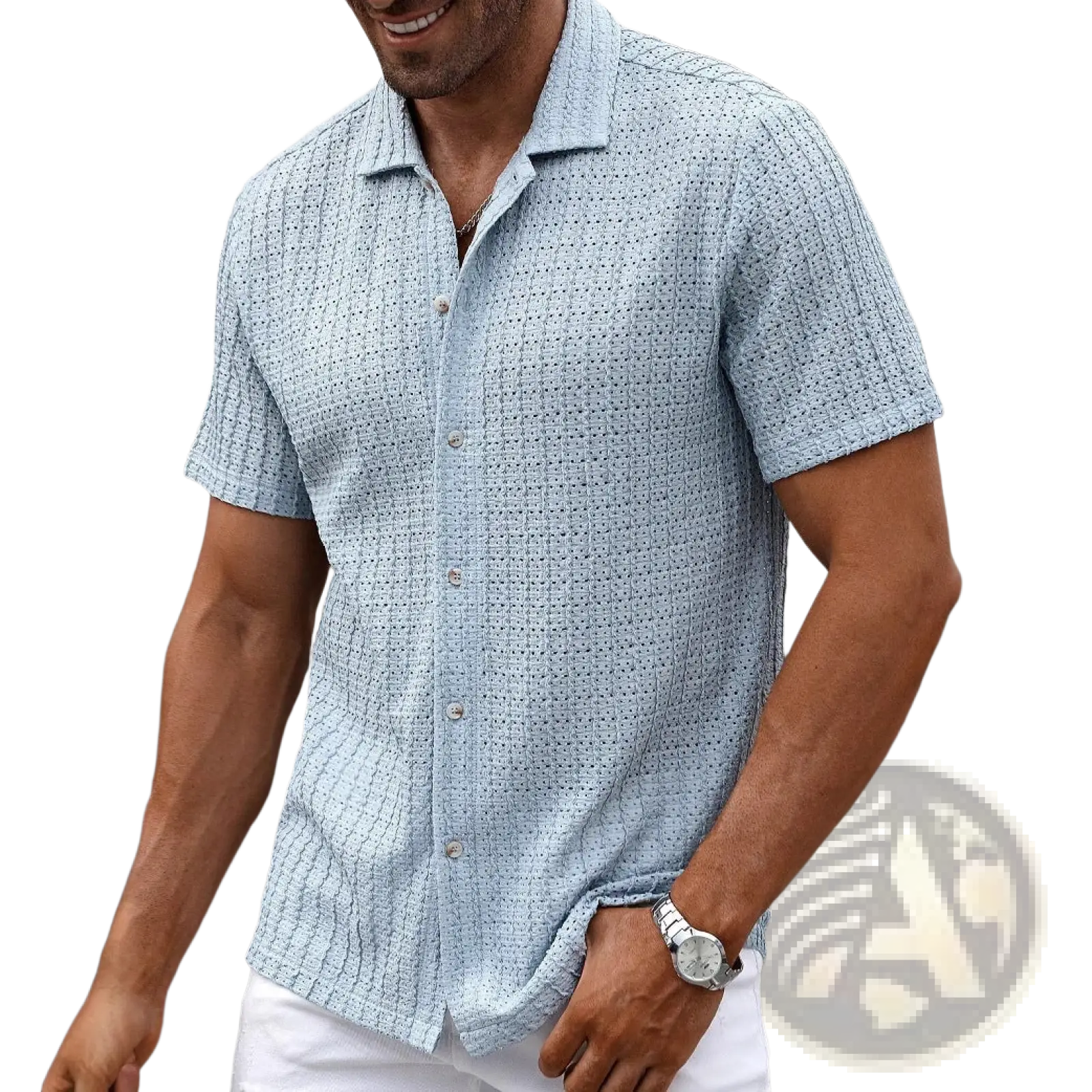 Light blue striped short sleeve button up shirt with a textured woven pattern for casual wear