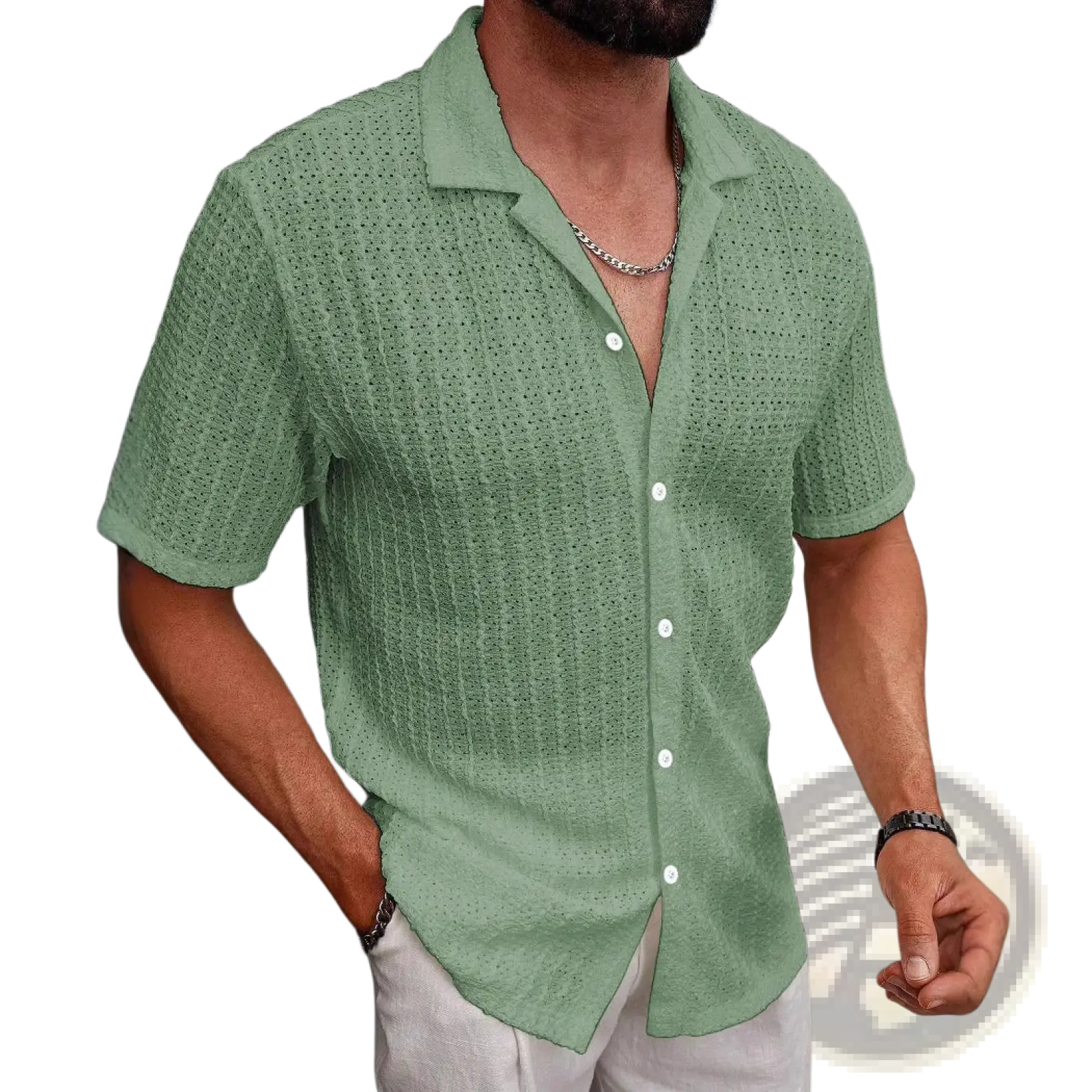 A light green short sleeve button up shirt with a textured woven pattern named striped short sleeve button up shirt
