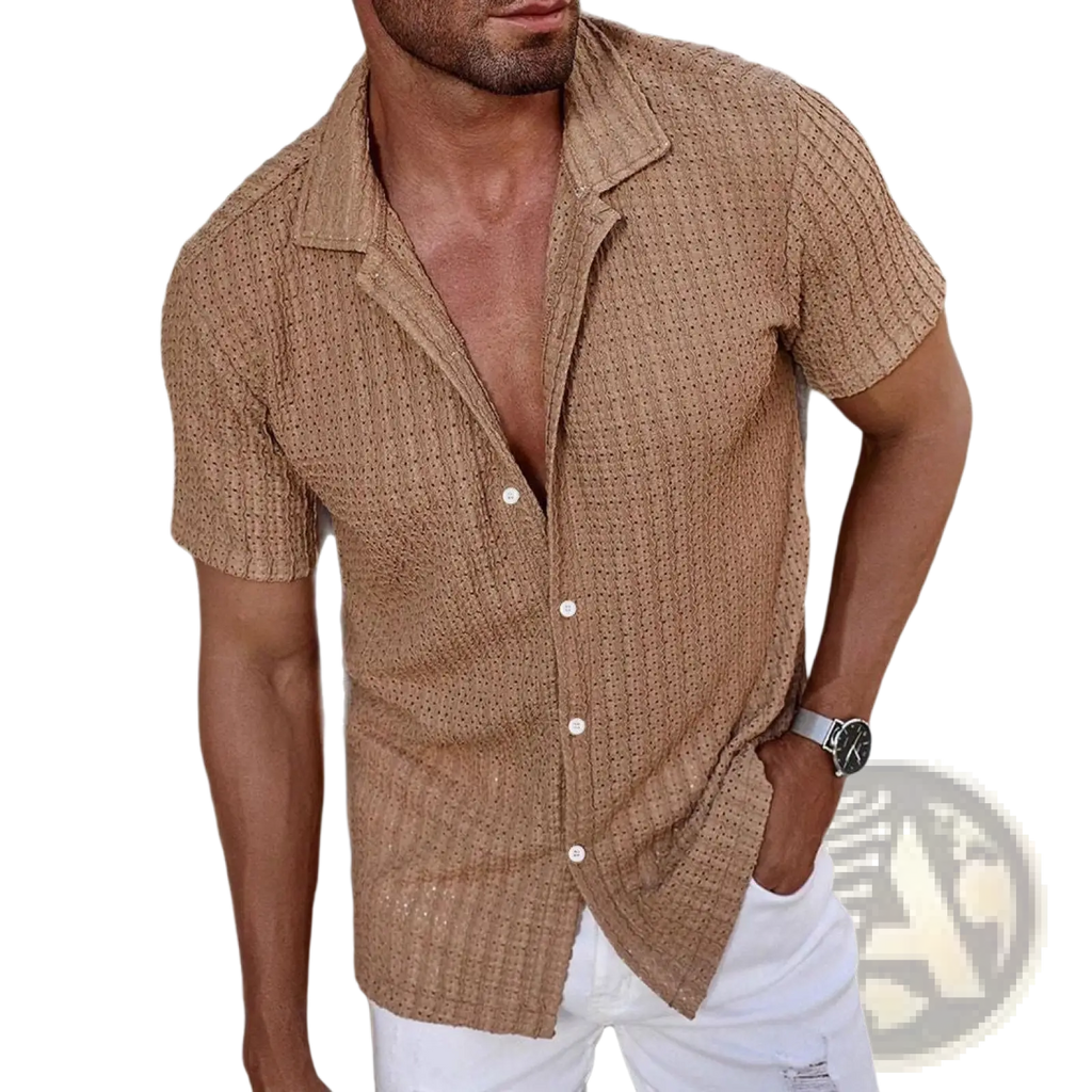 A tan striped short sleeve button up shirt with textured woven pattern and subtle perforations