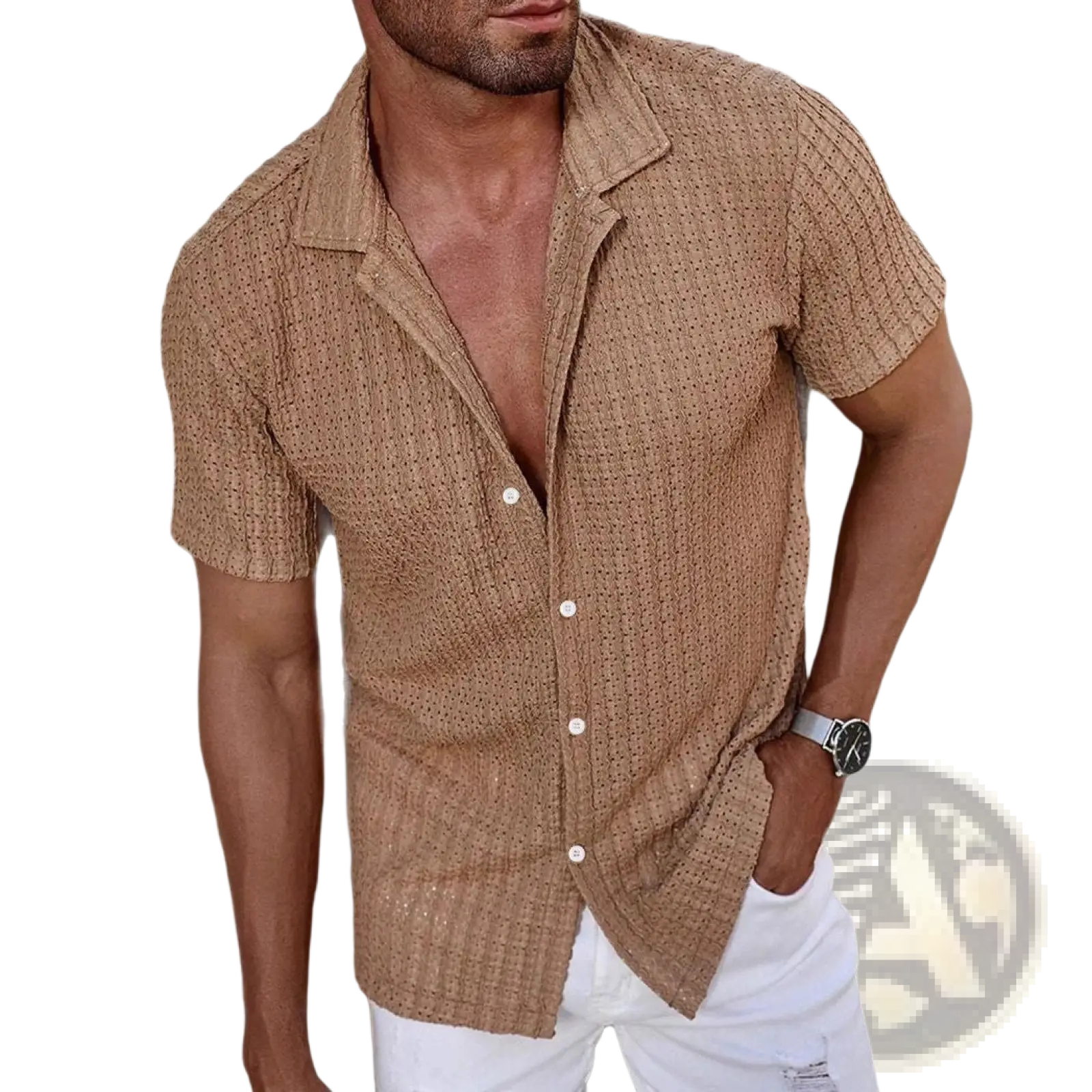 A tan striped short sleeve button up shirt with textured woven pattern and subtle perforations