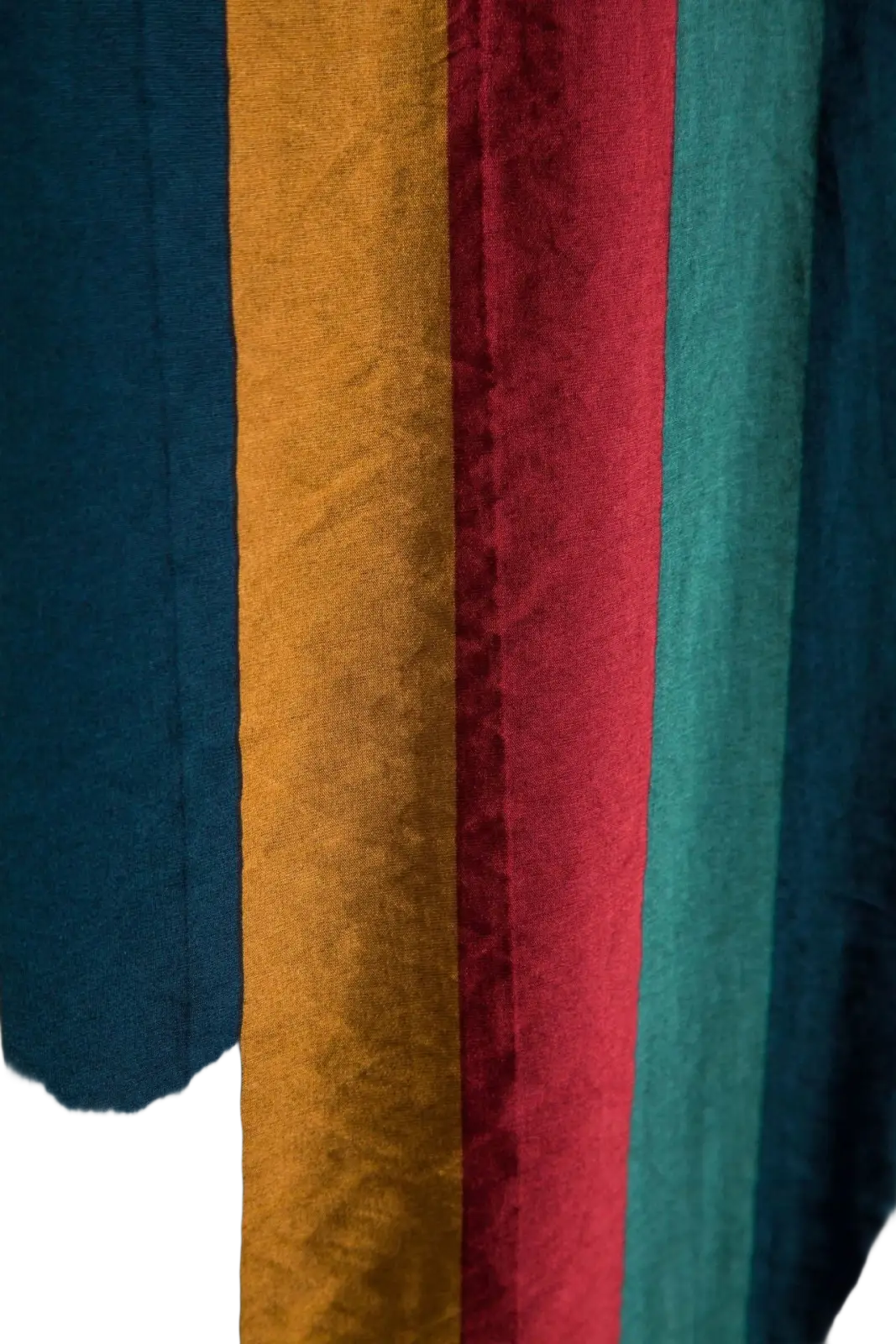 Striped short sleeve button up shirt with vibrant teal mustard yellow deep red and navy blue textured fabric panels