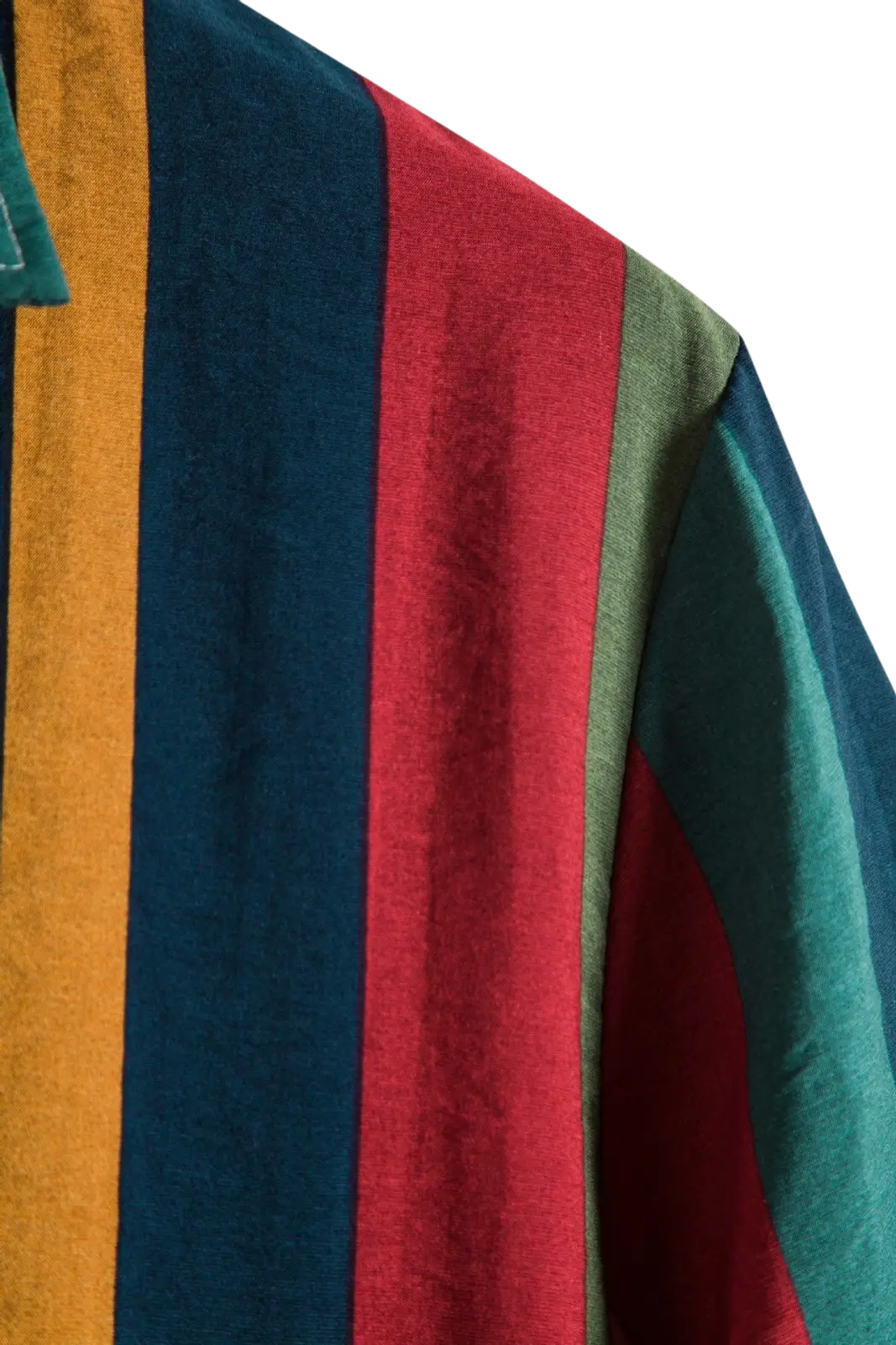 A striped short sleeve button up shirt with vibrant vertical bands of mustard yellow teal red and olive green