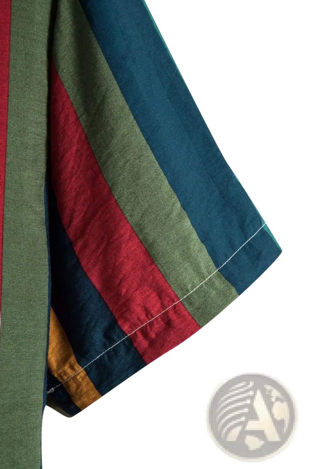 Striped short sleeve button up shirt featuring vibrant vertical bands of red olive green navy blue and mustard yellow fabric