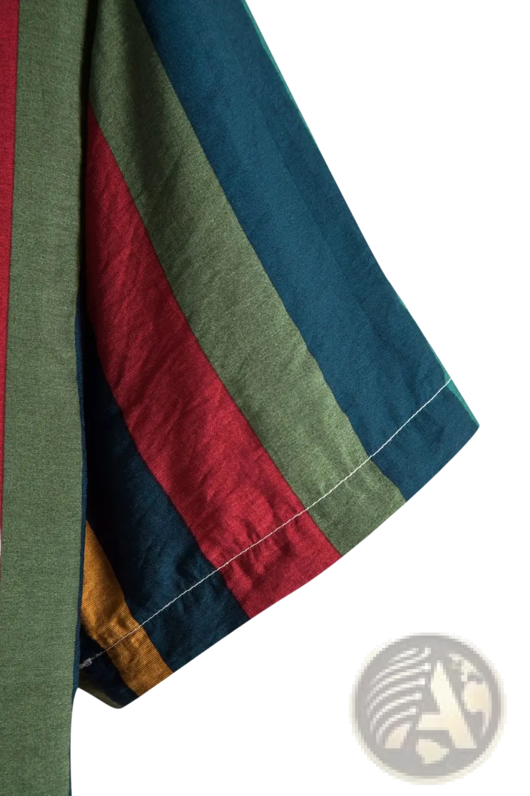 Striped short sleeve button up shirt featuring vibrant vertical bands of red olive green navy blue and mustard yellow fabric