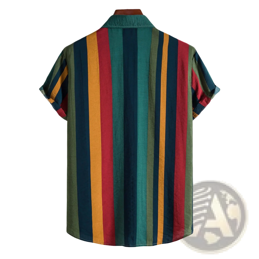 A vibrant short sleeve button up shirt with bold vertical stripes in teal red mustard yellow and dark green