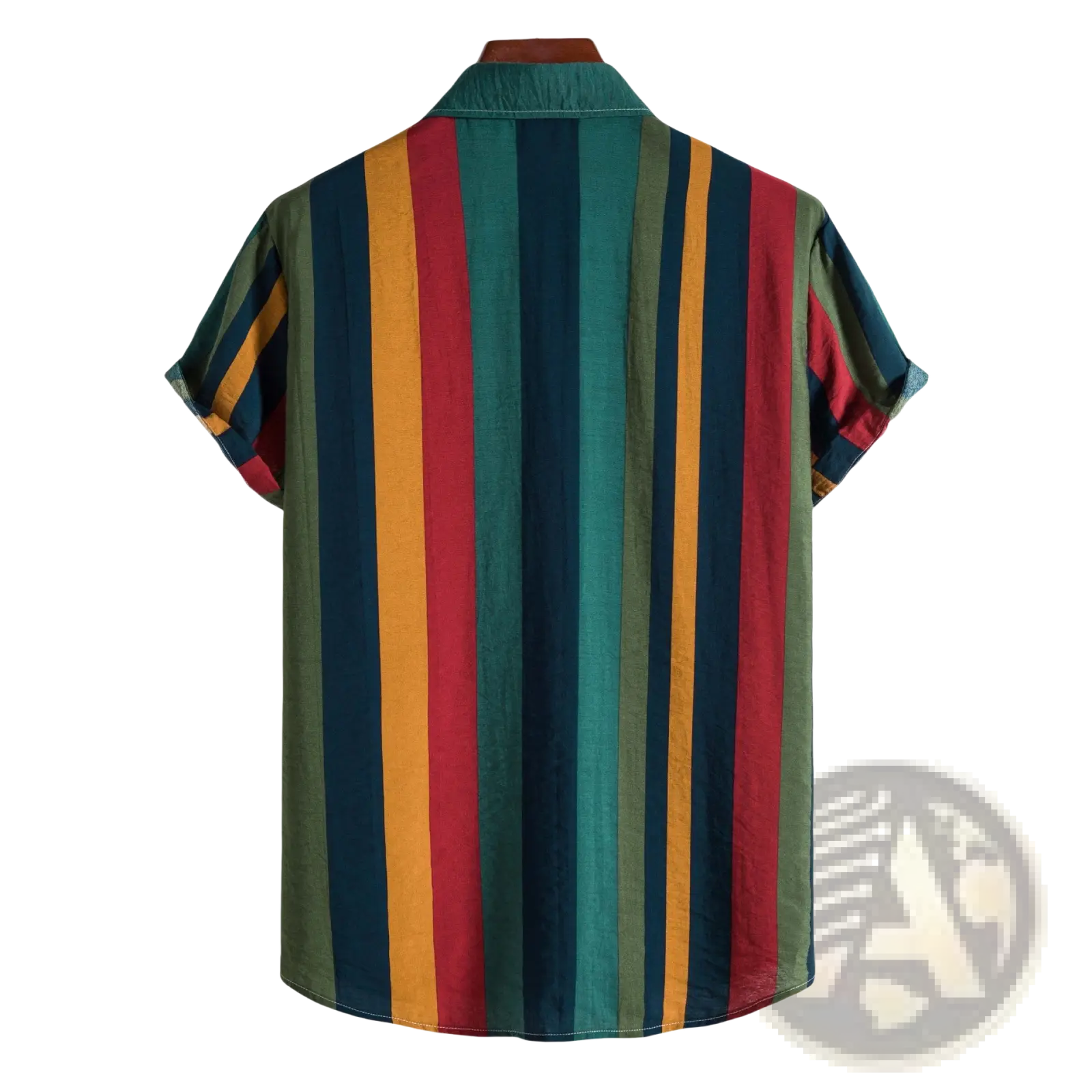 A vibrant short sleeve button up shirt with bold vertical stripes in teal red mustard yellow and dark green