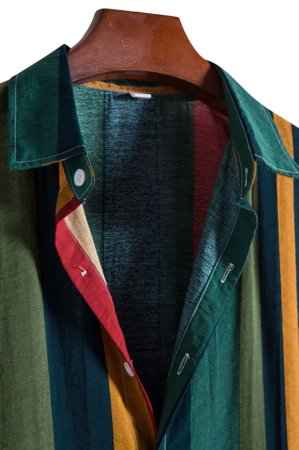 Striped short sleeve button up shirt with vibrant green red and mustard yellow vertical stripes and dark inner lining