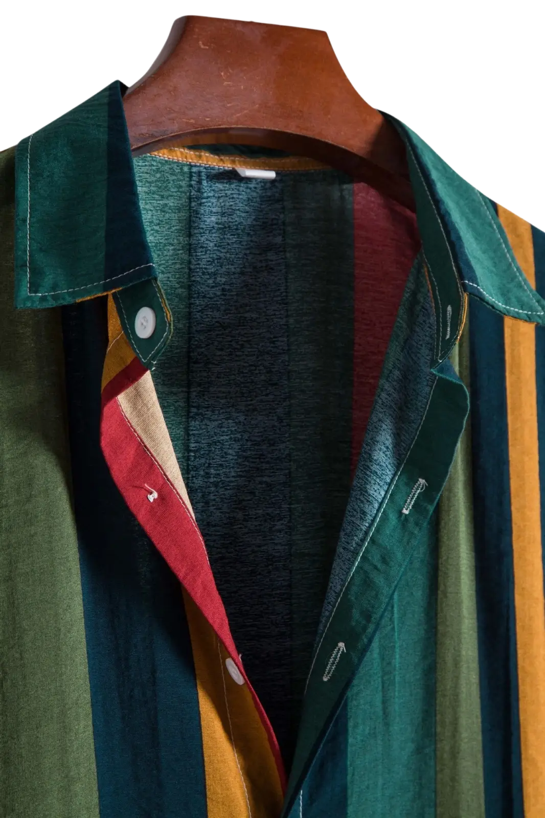 Striped short sleeve button up shirt with vibrant green red and mustard yellow vertical stripes and dark inner lining
