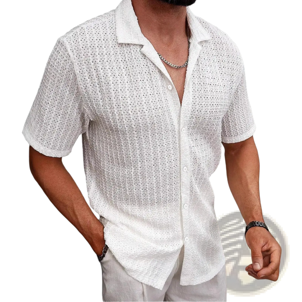 White short sleeve button up shirt with a textured woven pattern and subtle striped design for casual wear