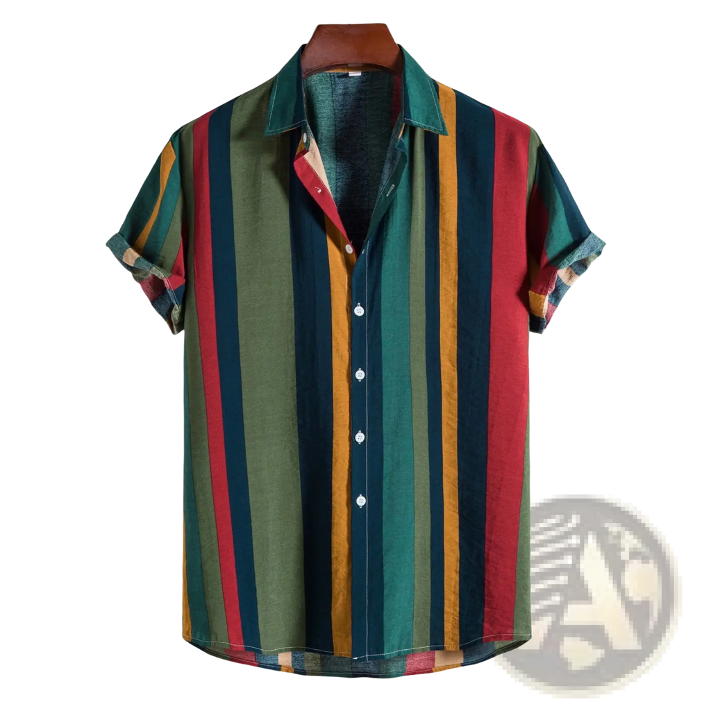 A vibrant striped short sleeve button up shirt featuring vertical green red and mustard yellow stripes