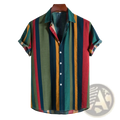 A vibrant striped short sleeve button up shirt featuring vertical green red and mustard yellow stripes