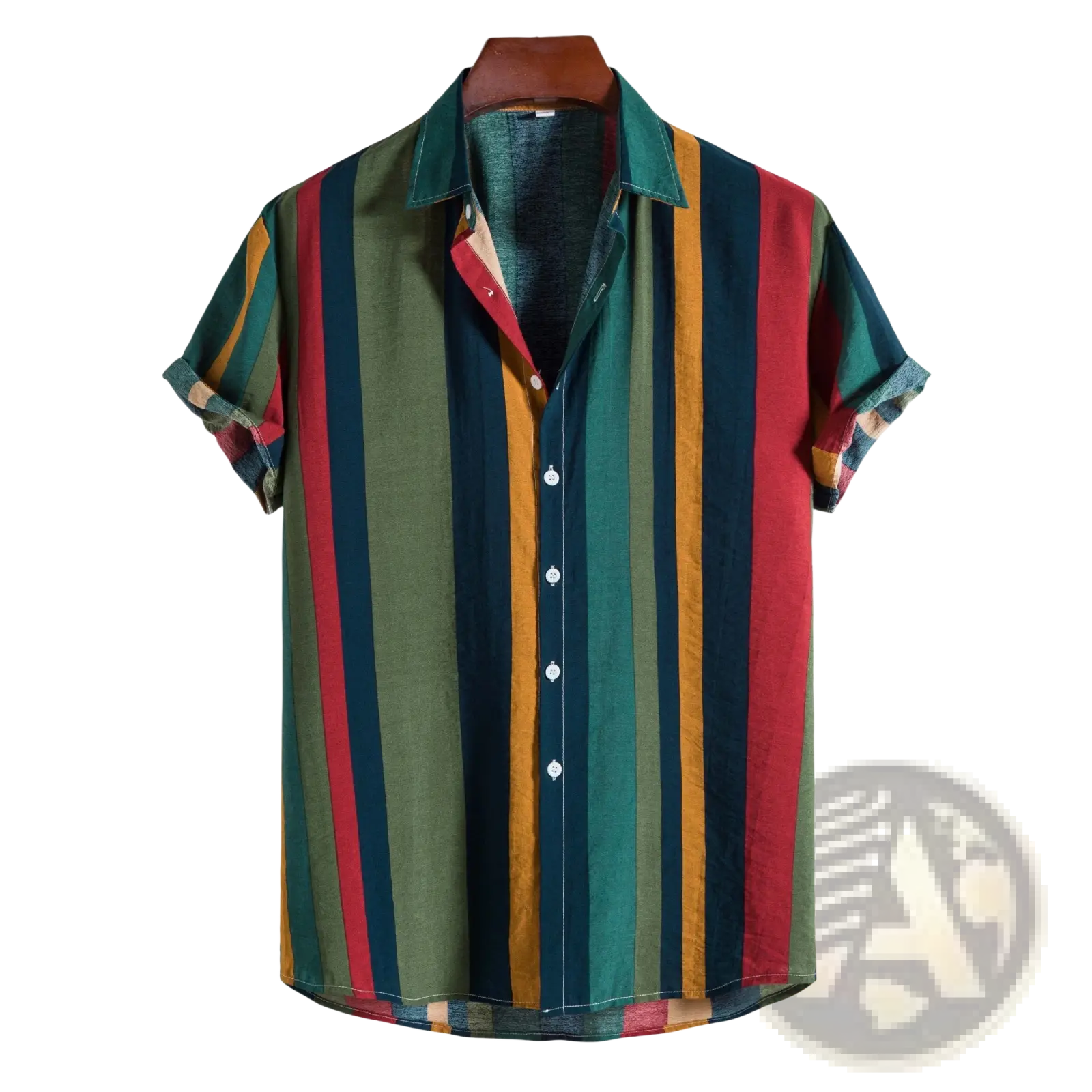 A vibrant striped short sleeve button up shirt featuring vertical green red and mustard yellow stripes