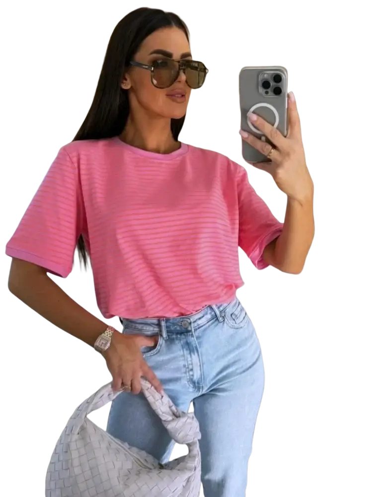 Pink striped short sleeve t shirt with round neckline and subtle horizontal ribbing for casual summer wear