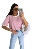 Pink and white striped short sleeve t shirt with cream ribbed crew neckline casual summer top for women