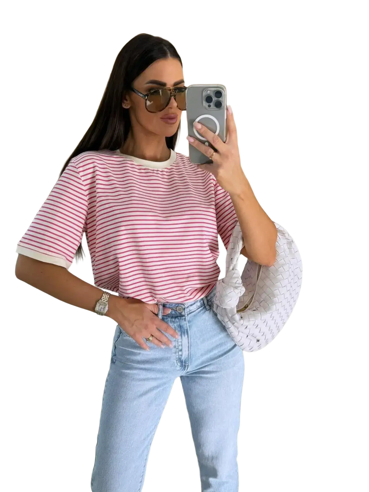 Pink and white striped short sleeve t shirt with cream ribbed crew neckline casual summer top for women