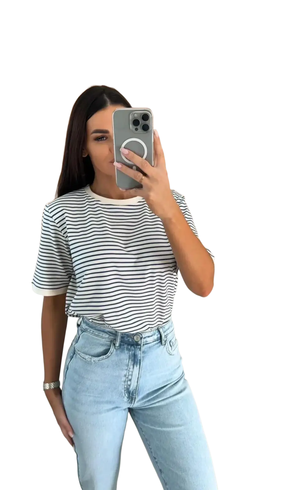 A woman wearing a black and white striped short sleeve t shirt with ribbed cuffs casual summer top