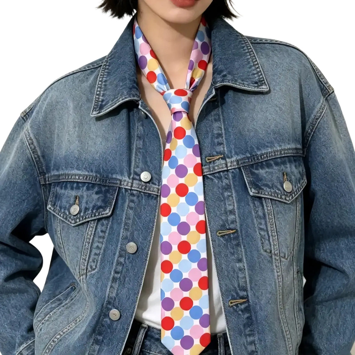 A vibrant polka dot striped silk neck scarf for women featuring red blue purple and pink circles on white background