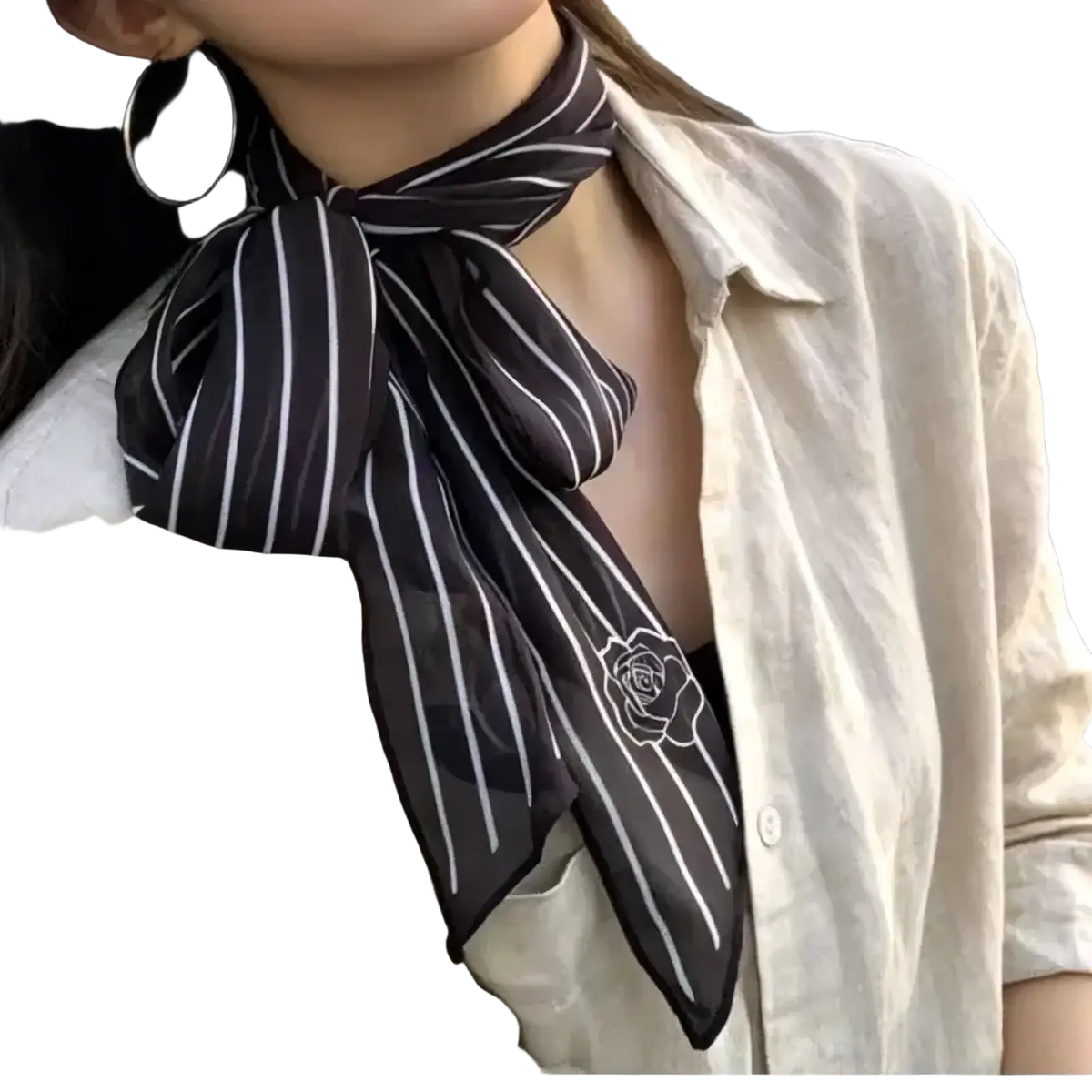 Black silk neck scarf with white vertical stripes and delicate rose embroidery for vintage hair wrap use