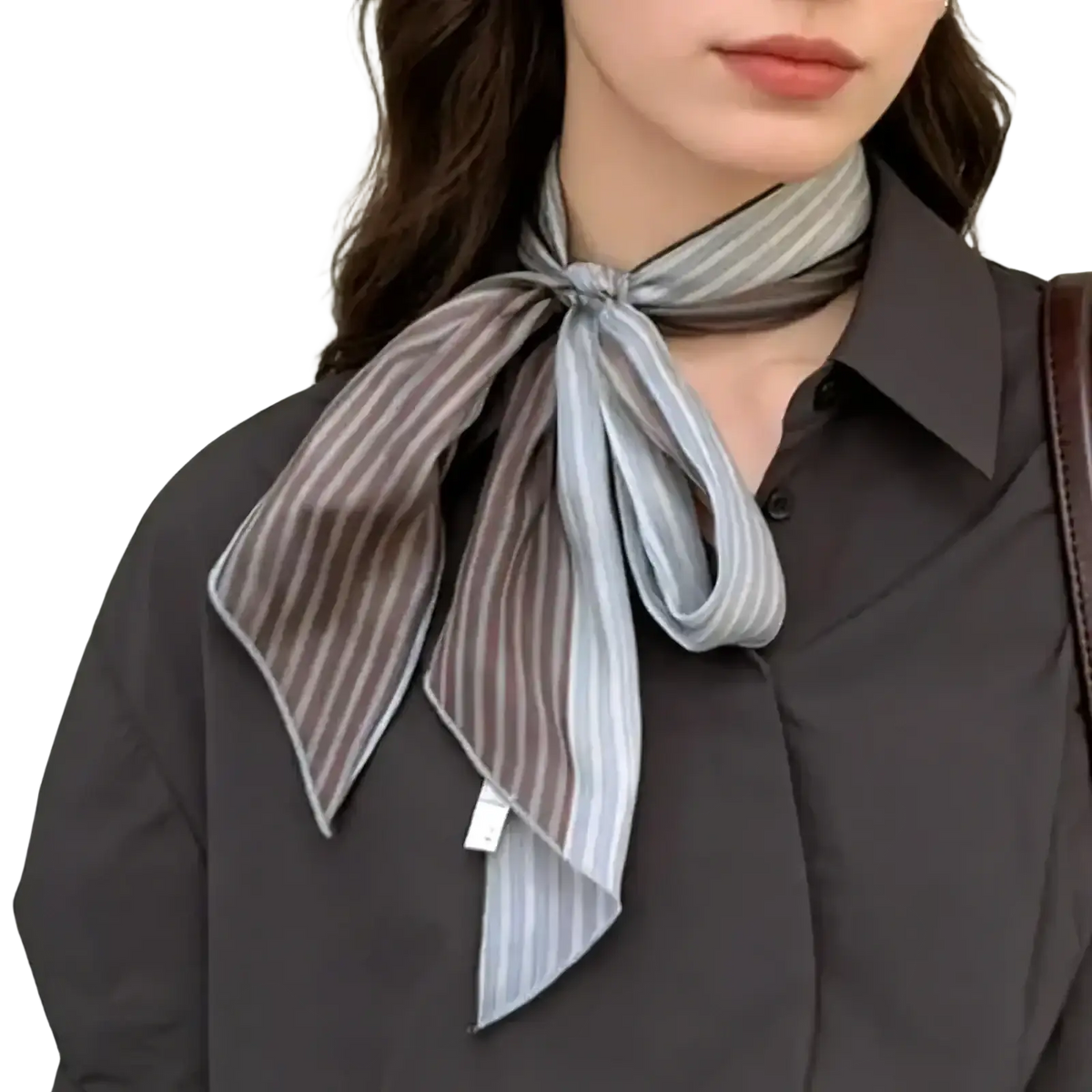 A delicate gray and white striped silk neck scarf tied neatly for women vintage hair wrap use