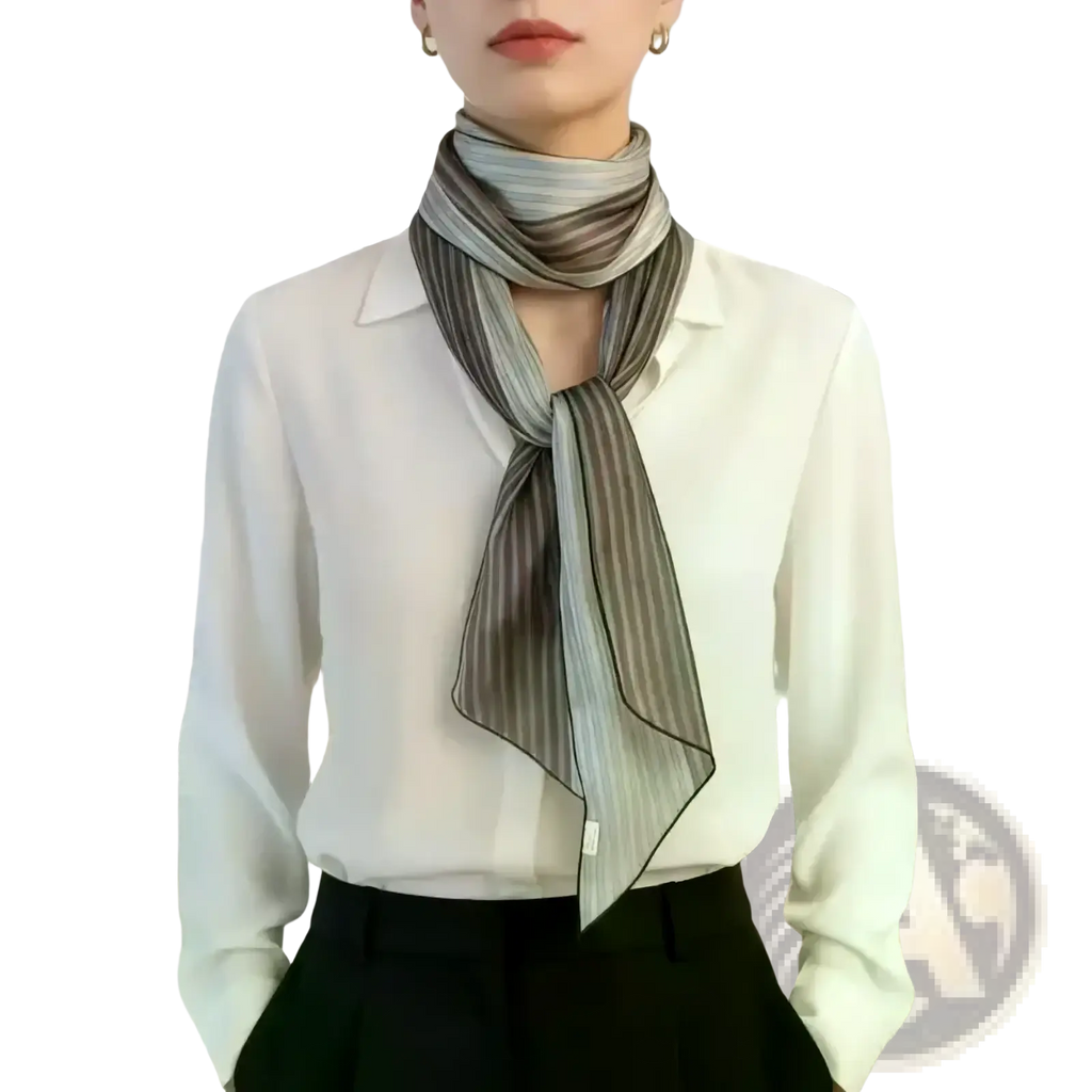 A delicate gray and white striped silk neck scarf elegantly tied as a vintage hair wrap for women