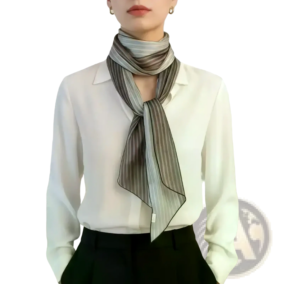 A delicate gray and white striped silk neck scarf elegantly tied as a vintage hair wrap for women