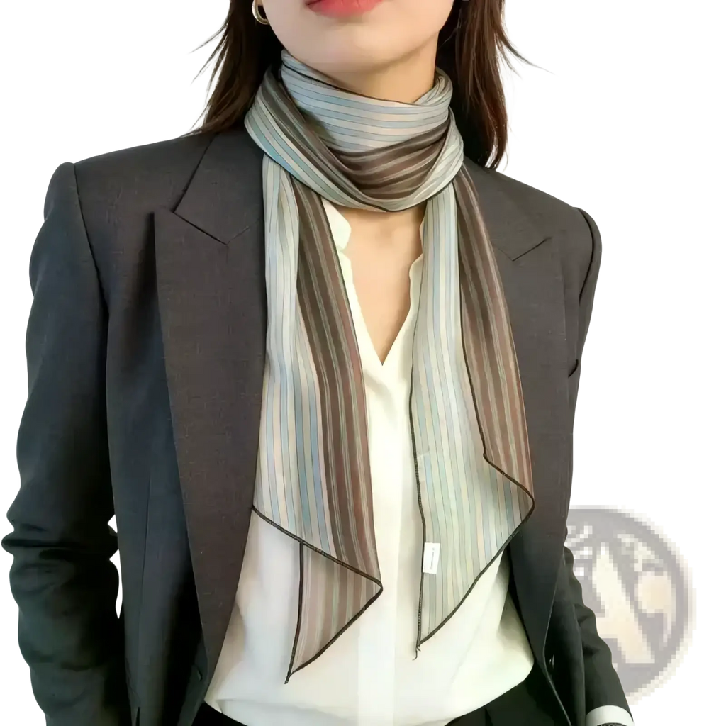 Striped silk neck scarf women vintage hair wrap with delicate sheer fabric vertical earth tone stripes and thin black border