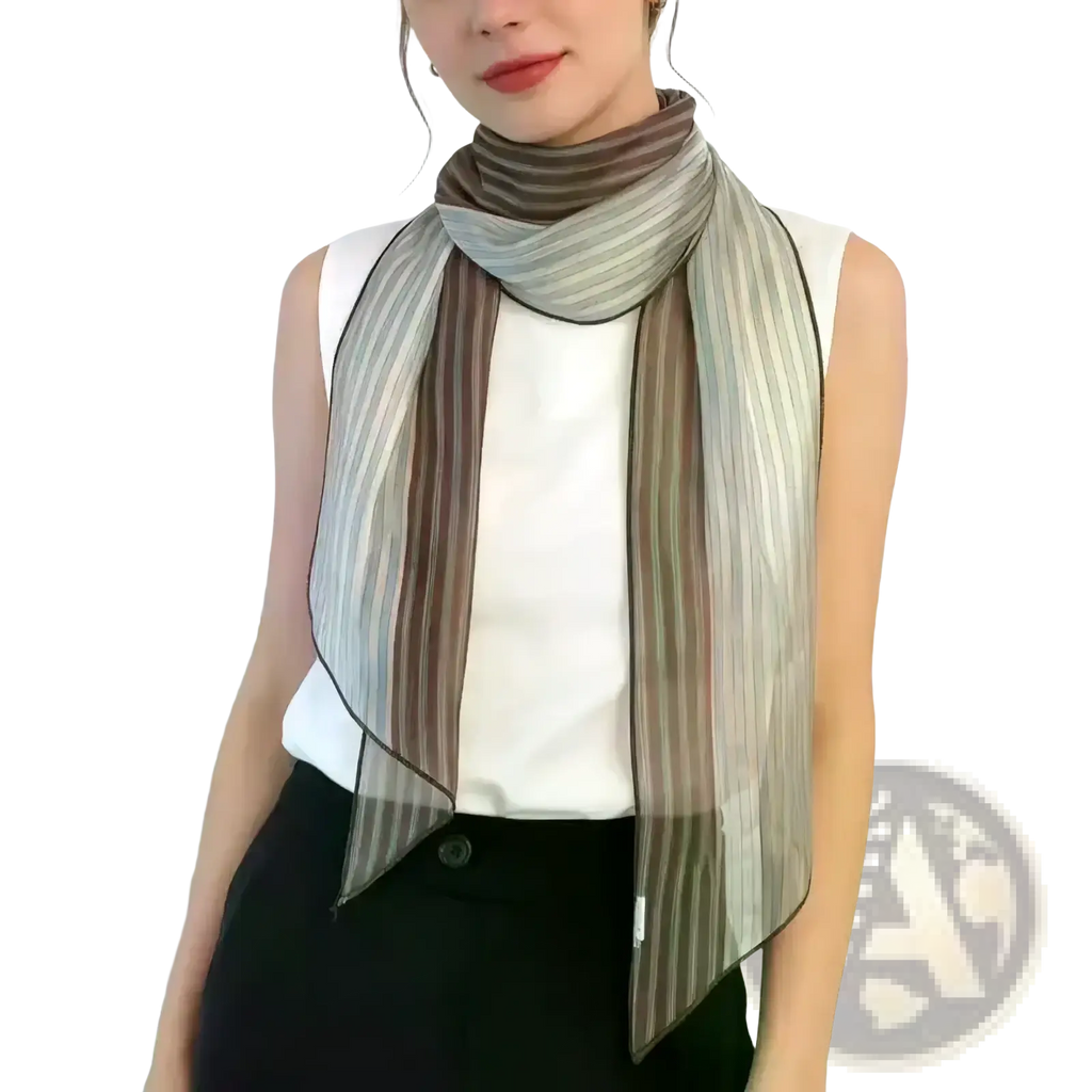 Striped silk neck scarf for women featuring a sheer pleated design with muted earth tone vertical stripes and black trim