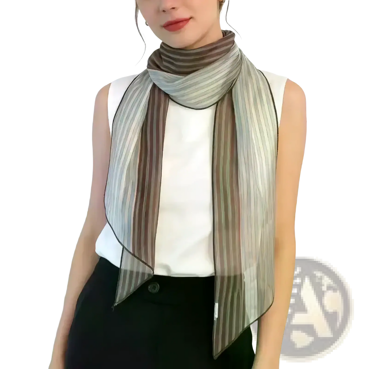 Striped silk neck scarf for women featuring a sheer pleated design with muted earth tone vertical stripes and black trim