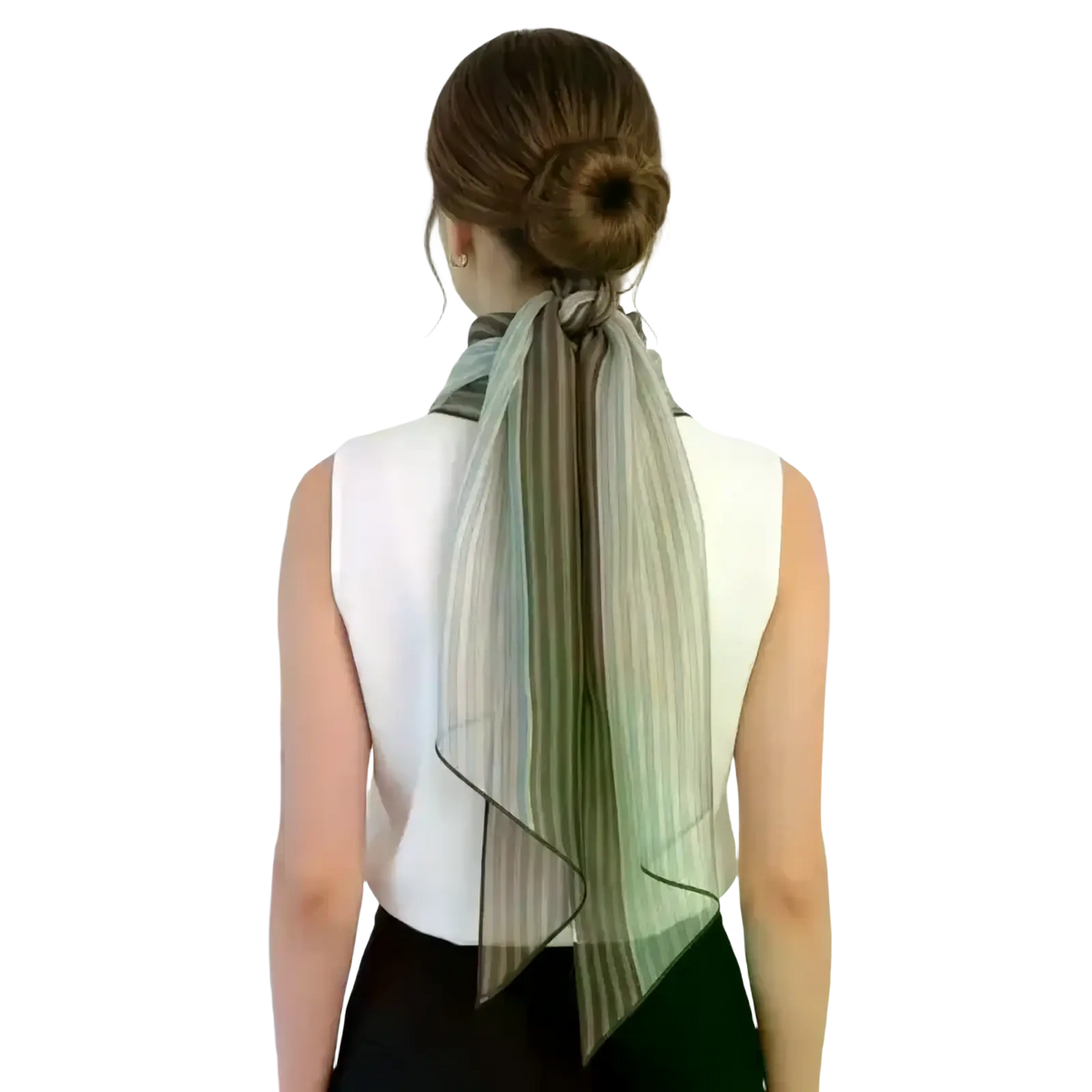 A sheer striped silk neck scarf in muted green and gray with black trim tied at the back of a woman’s neck