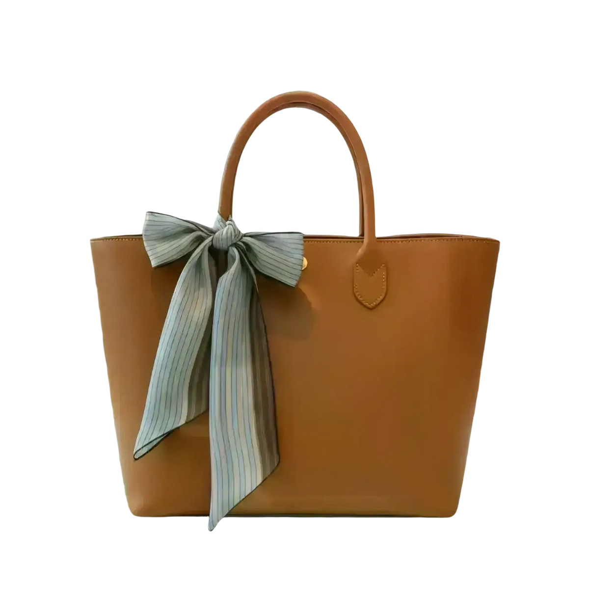 Tan leather tote bag with a light blue and white striped silk neck scarf tied into a bow at the top
