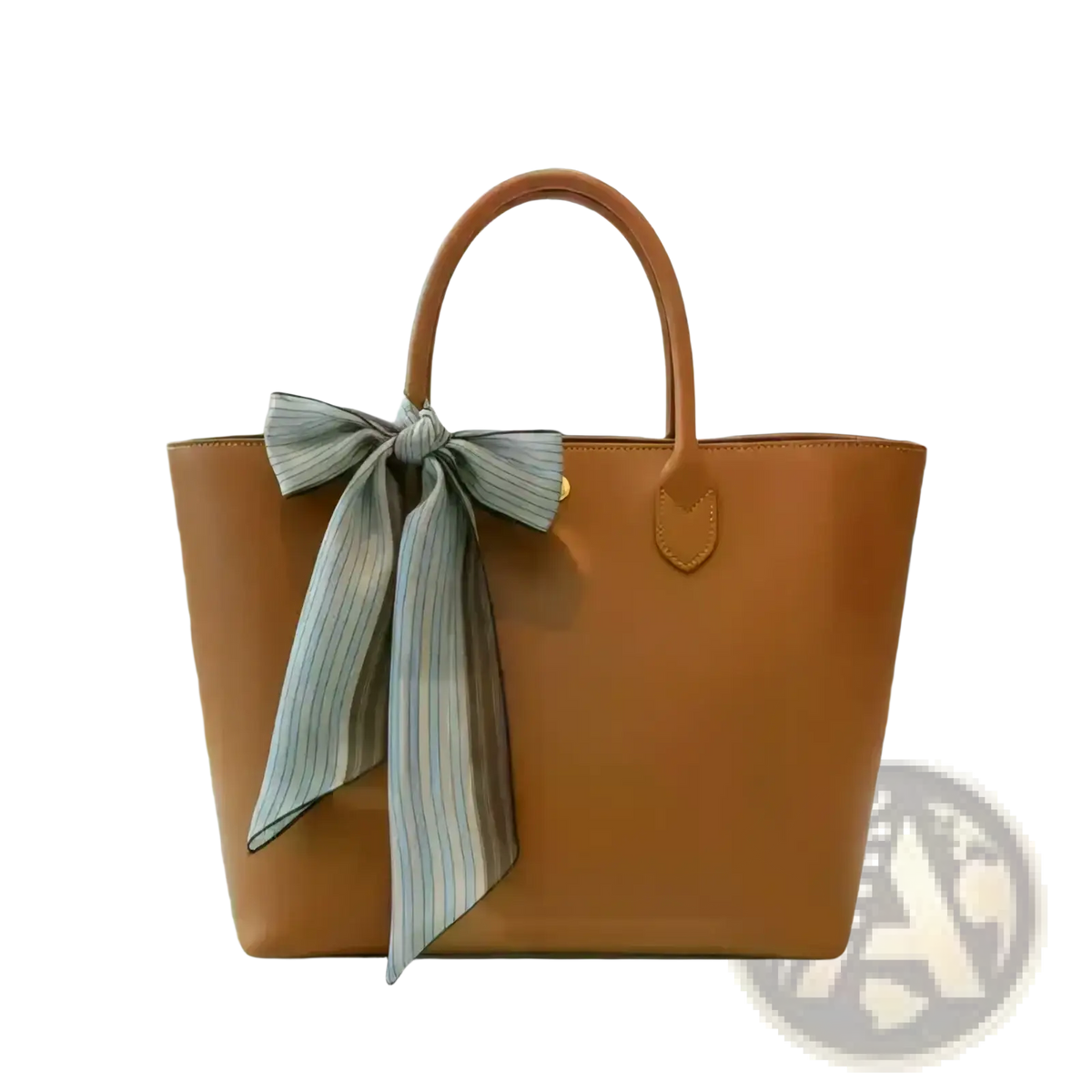 Tan leather tote bag featuring a striped silk neck scarf tied as a vintage hair wrap bow