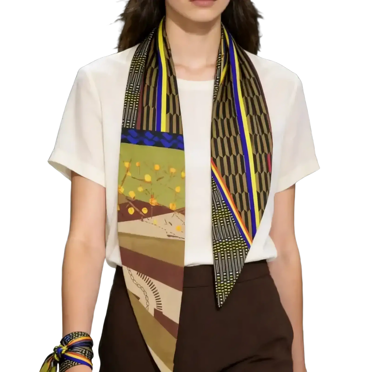 A vibrant striped silk neck scarf for women featuring geometric patterns in green brown yellow blue and black colors